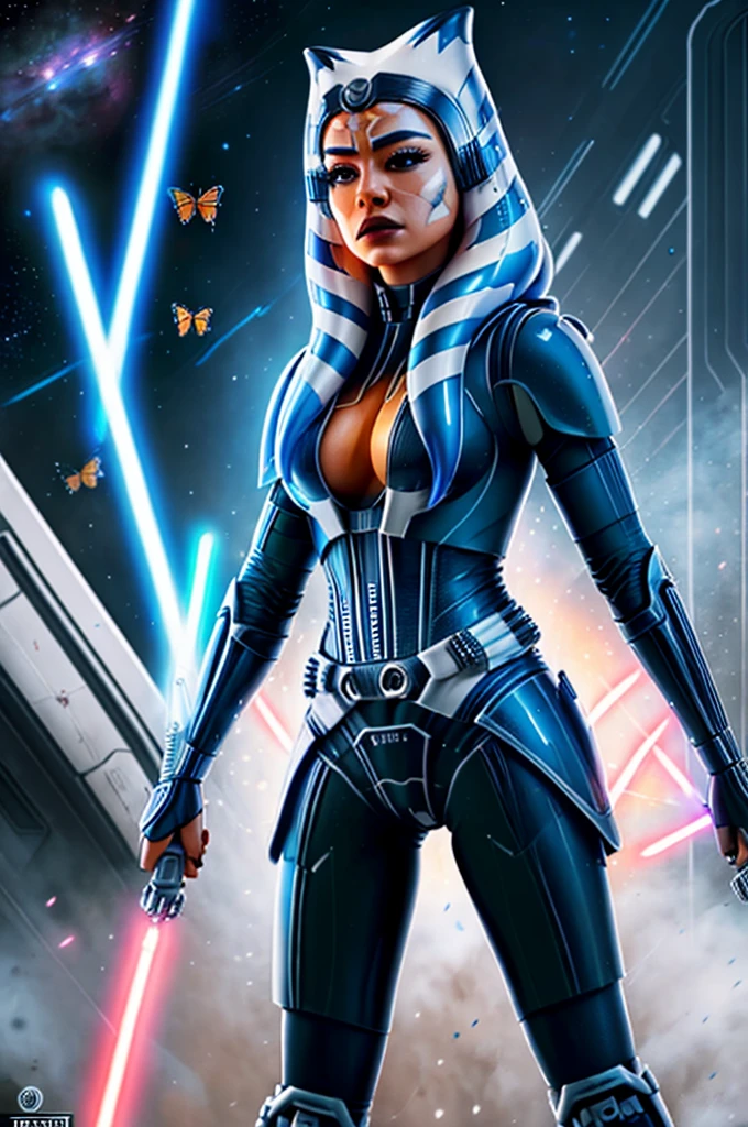 Photo of a  (ahsoka) as ((Stormtrooper)) from Star Wars, (full body), ((Dynamic portrait)), ((Hyperrealism)), ((Detailed RAW color art)), ((Bokeh effect)), ((Leading Lines Shot)), ((Tilt-Shift (Simulating Miniature Scenes))), ((Butterfly lighting)). She wears the iconic Stormtrooper armor with a glossy black finish and thigh-high boots. Her medium-sized breasts are hidden underneath the rigid structure of her uniform. Her eyes are covered by the helmet, but her expression is determined and focused, creating an intriguing contrast between her impassive face and the lively background. The photograph, taken with a high-end
