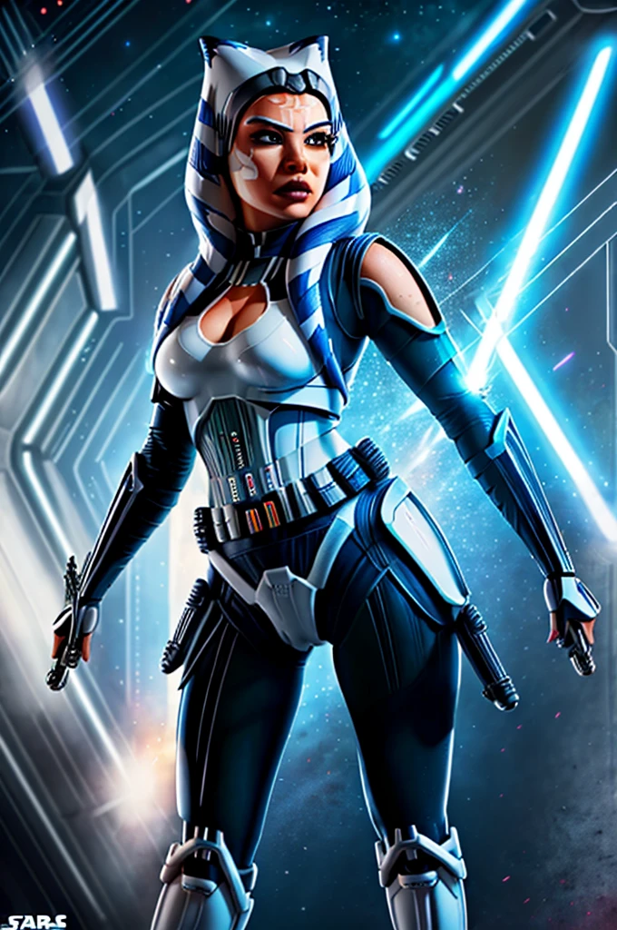 Photo of a  (ahsoka) as ((Stormtrooper)) from Star Wars, (full body), ((Dynamic portrait)), ((Hyperrealism)), ((Detailed RAW color art)), ((Bokeh effect)), ((Leading Lines Shot)), ((Tilt-Shift (Simulating Miniature Scenes))), ((Butterfly lighting)). She wears the iconic Stormtrooper armor with a glossy black finish and thigh-high boots. Her medium-sized breasts are hidden underneath the rigid structure of her uniform. Her eyes are covered by the helmet, but her expression is determined and focused, creating an intriguing contrast between her impassive face and the lively background. The photograph, taken with a high-end
