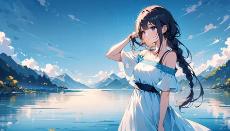 A beautiful Chinese woman with long black braids, wearing an off-shoulder blue and white gradient dress, stands by the lake in S...