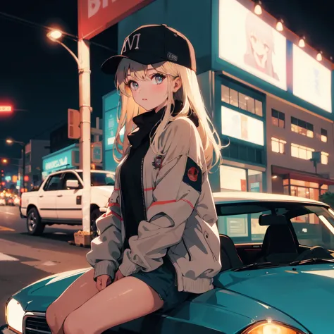1 Girl sitting in a car, City of night,Amazing photo, baseball cap