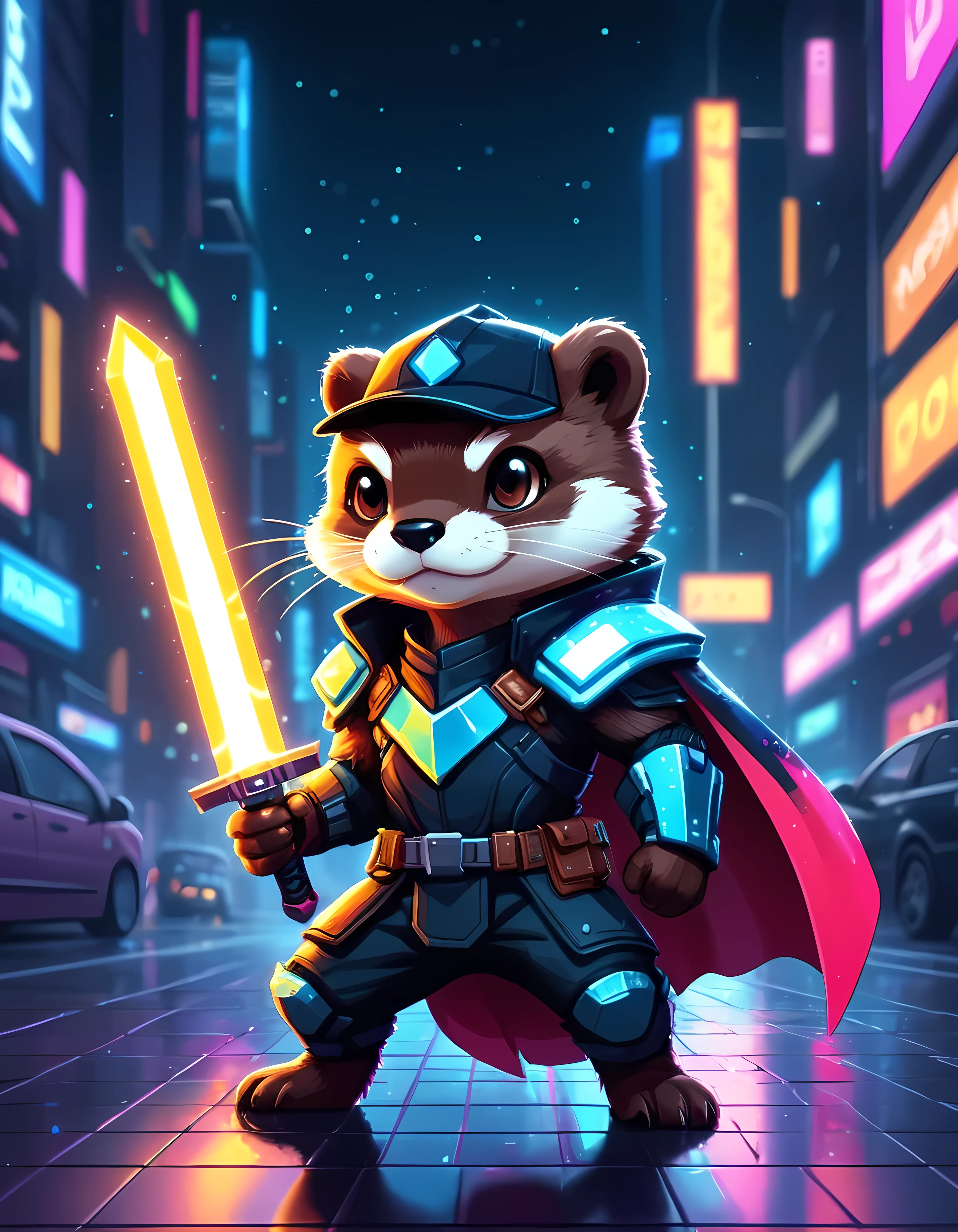 Bright epic professional cute cartoon pixel illustration, (masterpiece in maximum 16K resolution, superb quality, ultra detailed:1.3), close-up of a cyberpunk neon otter warrior holding a (glowing electric sword with both hands), sharp stylish dark cape with pockets, armored cap, robotic eyes, blurry modern street background at night, sparkles.