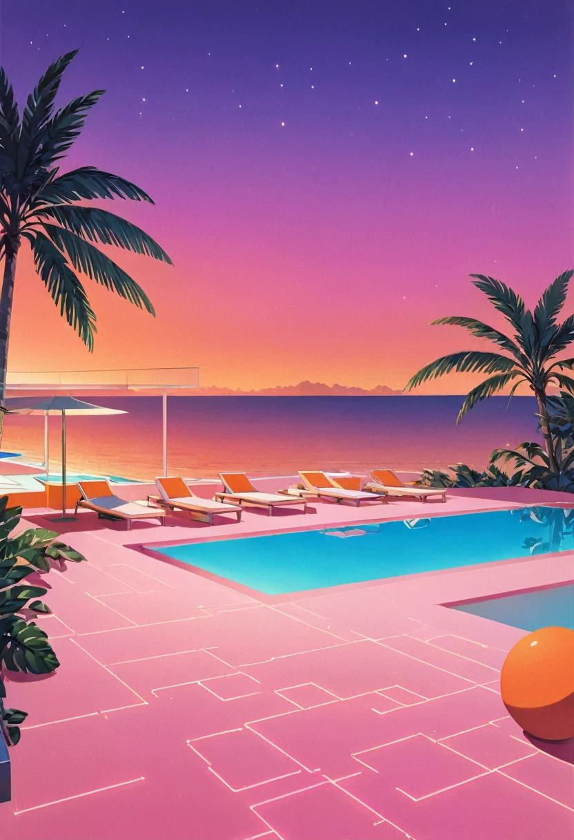 Imagine an artwork steeped in the vaporwave aesthetic of the 80s, deeply influenced by Yoko Honda’s vivid artistic style, but with a minimalist approach. Visualize a retro-futuristic beach and pool scene at sunset, where the sky ignites with intense hues of orange, pink, and red—colors that reflect off the calm waters of the sea and pool, creating a captivating visual effect. Around the pool, neon-lit palm and coconut trees sway gently, enhancing the tropical and otherworldly vibe with sparse but striking placement. Geometric neon lights cast a surreal glow, illuminating the scene with minimal yet effective lighting. The setting includes a stylish, minimalist beachside bar, visible through expansive glass windows. Inside, the bar showcases pastel-colored walls and floors adorned with luxurious terrazzo and marble textures, achieved using Yoko Honda’s signature textured brushes to create a tactile and visually rich surface. This scene merges retro luxury with vibrant, warm color palettes in a minimalist composition, crafting a scene that is not only timeless but also distinctively reminiscent of the 80s and true to Yoko Honda’s style.