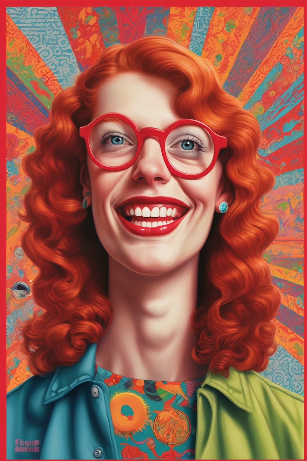 Alex Gross Style - pintura de Alex Gross The image you've uploaded appears to be inspired by the cover art of an album (let's talk about feelings) by LAGWAGON hardcore punk band, featuring a stylized and colorful portrait with a retro graphic design background. The character is a girl depicted with a vibrant, friendly smile, curly red hair, and glasses, set against a bright and bold patterned background that includes text. It carries a strong 90s punk rock aesthetic, reminiscent of album cover art from bands of that era, combining a quirky and expressive portrait with eye-catching typography.