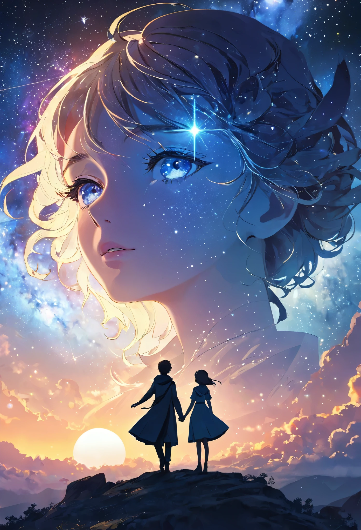 masterpiece, best quality, Extremely detailed CG Unity 8K wallpaper, Paper Cutting, (Delicate face), Delicate eyes, Bright sky nebula, 2 people, age: 16, One person stands on another person&#39;s shoulders