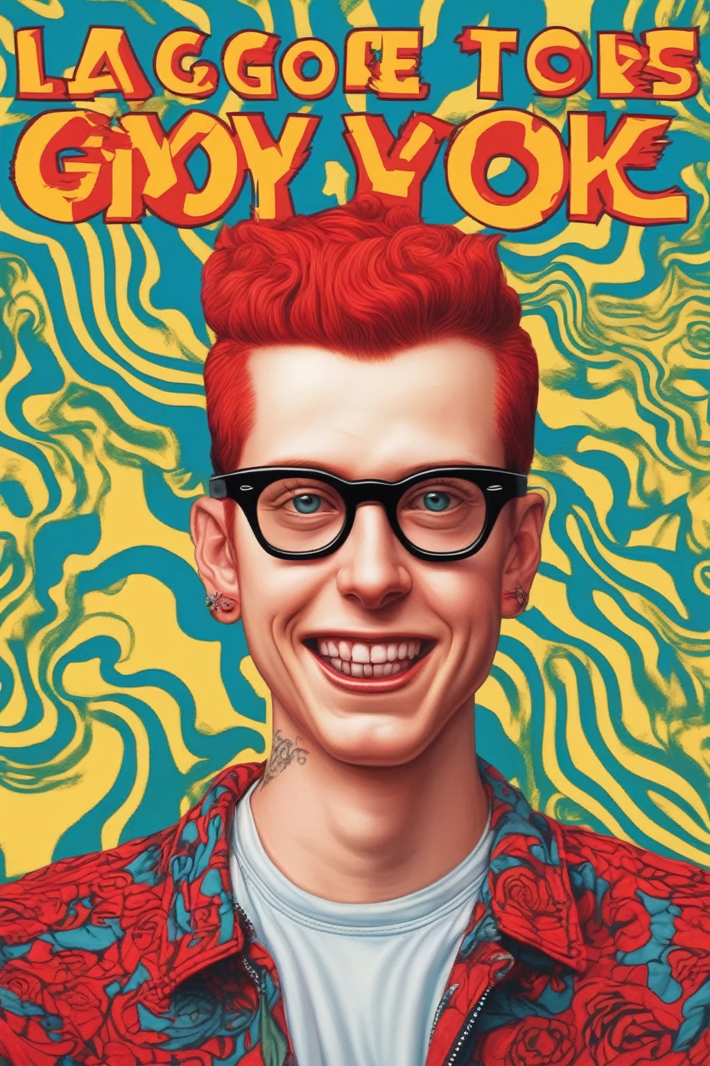 Alex Gross Style - pintura de Alex Gross The image you've uploaded appears to be inspired by the cover art of an album (let's talk about feelings) by LAGWAGON hardcore punk band, featuring a stylized and colorful portrait with a retro graphic design background. The character is a girl depicted with a vibrant, friendly smile, curly red hair, and glasses, set against a bright and bold patterned background that includes text. It carries a strong 90s punk rock aesthetic, reminiscent of album cover art from bands of that era, combining a quirky and expressive portrait with eye-catching typography.