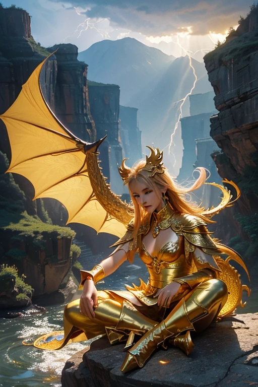 So sublime and divine々A beautiful golden dragon floats in the center of the screen.。The surrounding area is a canyon where no one can get close, and lightning is flashing in the background.、The sun is shining brightly