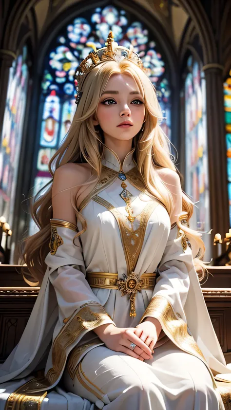 In a grand cathedral, a beautiful young woman sits in the center, wearing a radiant golden crown. She has long blonde hair and l...