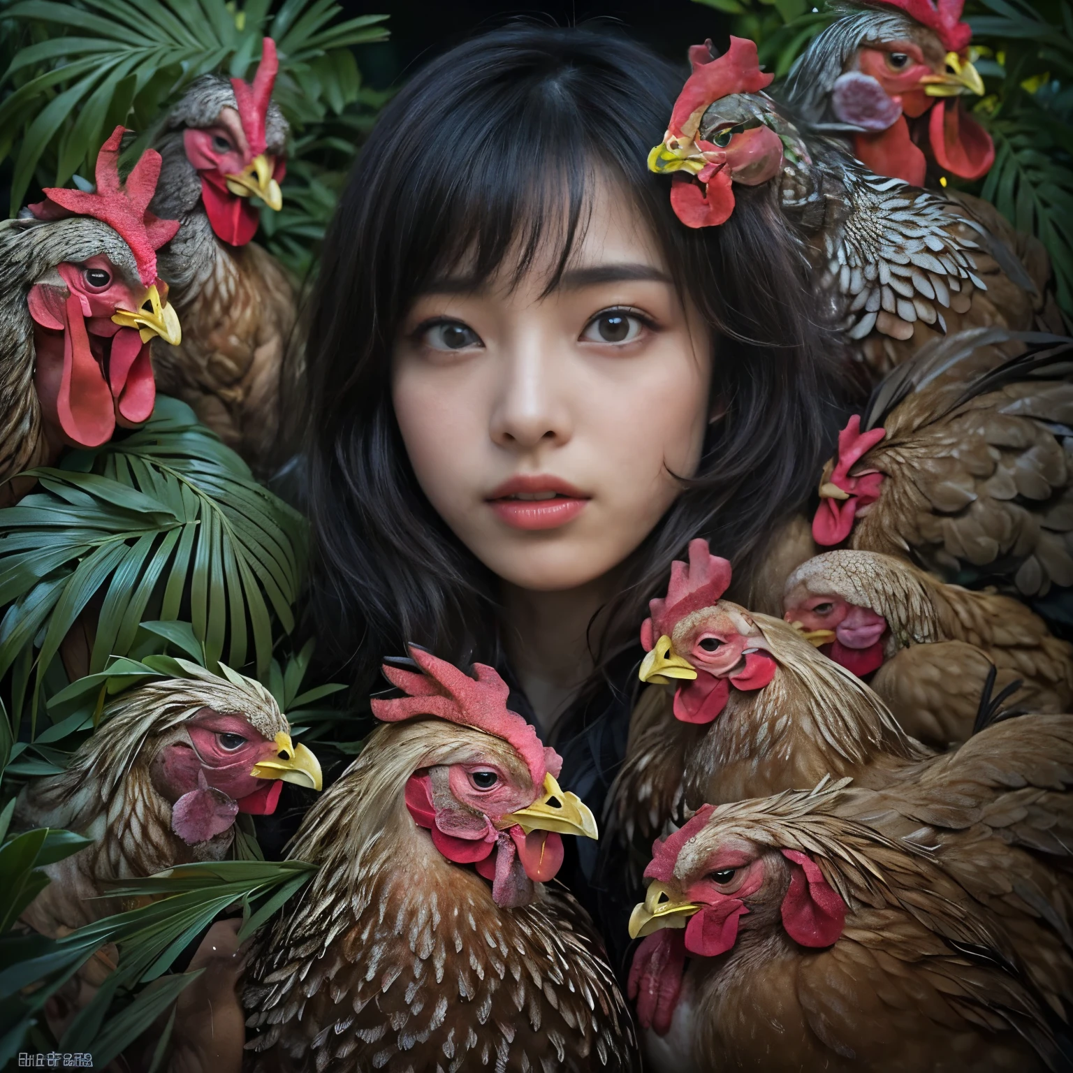 (highest quality、Super detailed、Real:1.37)、(professional、Bright colors)、(Portrait)、((Human-faced chicken:1.7))、(Beautiful detailed eyes、Beautiful detailed lips、Highly detailed eyes and face)、(Dark Night Road、Dimly lit road)、(media: oil)、(Fine feather detail、Captivating colorysterious atmosphere)、(Studio Lighting)