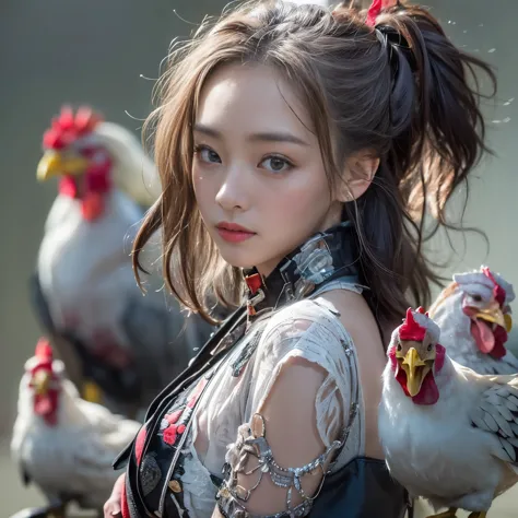 (highest quality、Super detailed、Real:1.37)、(professional、Bright colors)、(Portrait)、((Human-faced chicken:1.5))、（Human-chicken hy...