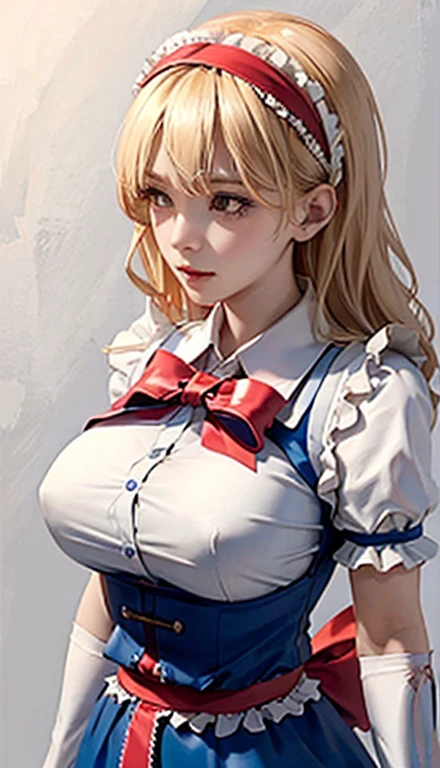 (8k), Sharp focus, High resolution, One girl, Alice, Upper Body, Aliceデフ, Blonde, (sash, bow, hair band), Huge breasts, dress, (high quality:1.2), (Attention to detail:1.2), (masterpiece:1.2), (Very detailed:1.2),