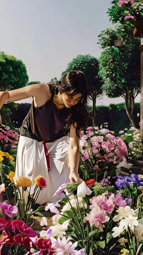 pessoa, de corpo inteiro, segurando uma cesta cheia de flores. the person is bending down to pick some flowers from the bushes. ...