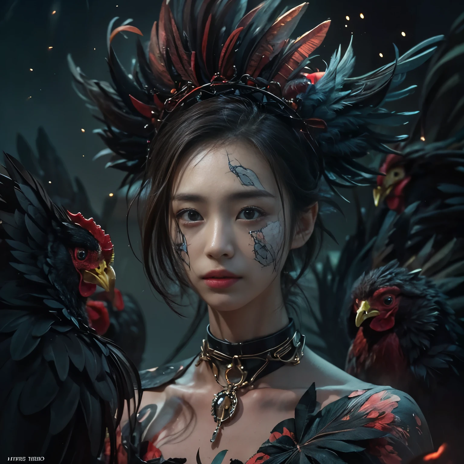 (highest quality、Super detailed、Real:1.37)、(professional、Bright colors)、(Dark fantasy)、((Human-faced chicken:1.5))、（Human-chicken hybrid creature)、(Apparition)、(The face of a young and extremely beautiful woman:1.4)、(Beautiful detailed eyes、Beautiful detailed lips、Highly detailed eyes and face)、(Dark Night Road、Dimly lit road)、(media: oil)、(Fine feather detail、Captivating colorysterious atmosphere)、(Studio Lighting)