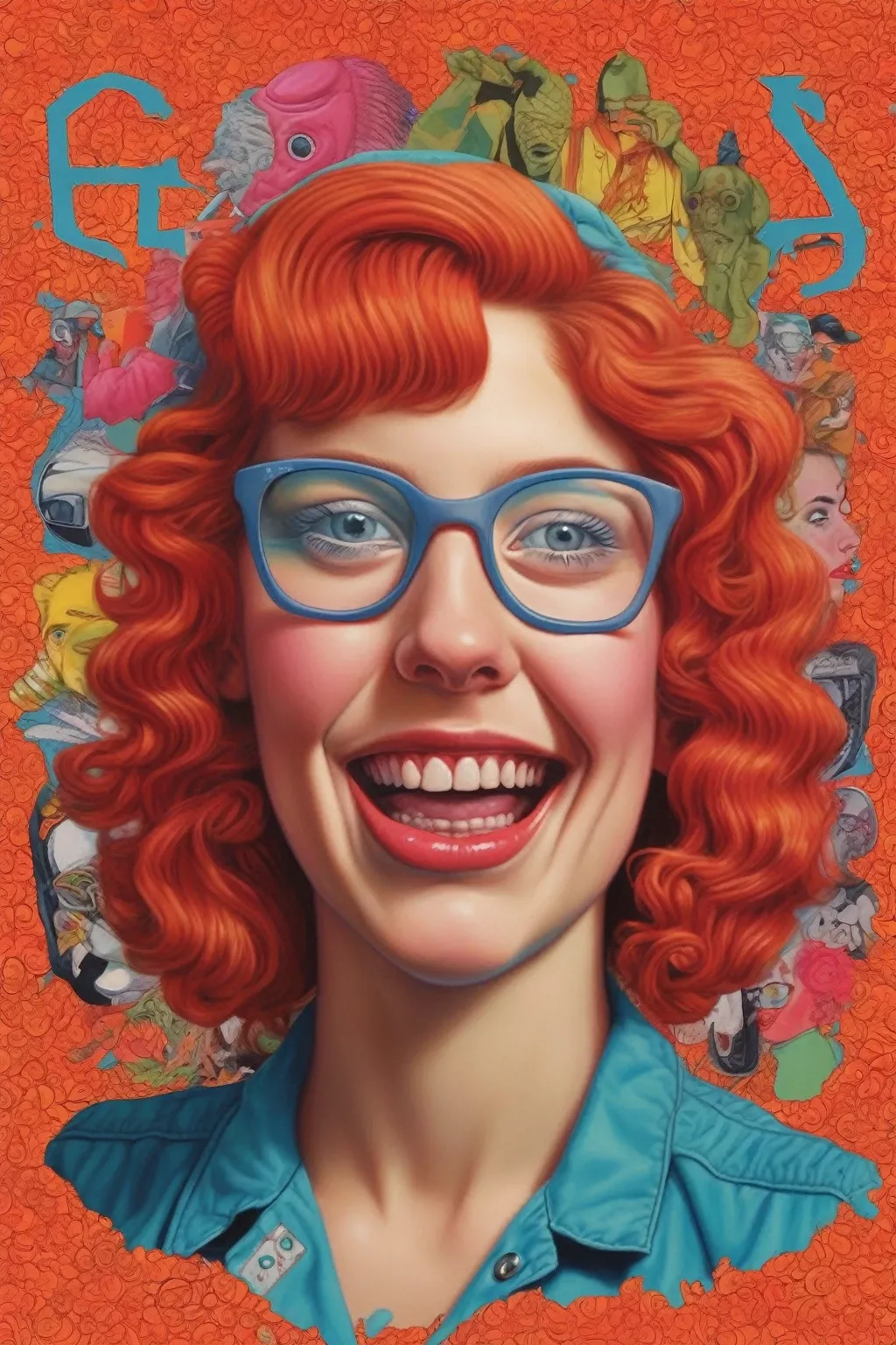 Alex Gross Style - pintura de Alex Gross The image you've uploaded appears to be inspired by the cover art of an album (let's talk about feelings) by LAGWAGON hardcore punk band, featuring a stylized and colorful portrait with a retro graphic design background. The character is a girl depicted with a vibrant, friendly smile, curly red hair, and glasses, set against a bright and bold patterned background that includes text. It carries a strong 90s punk rock aesthetic, reminiscent of album cover art from bands of that era, combining a quirky and expressive portrait with eye-catching typography.