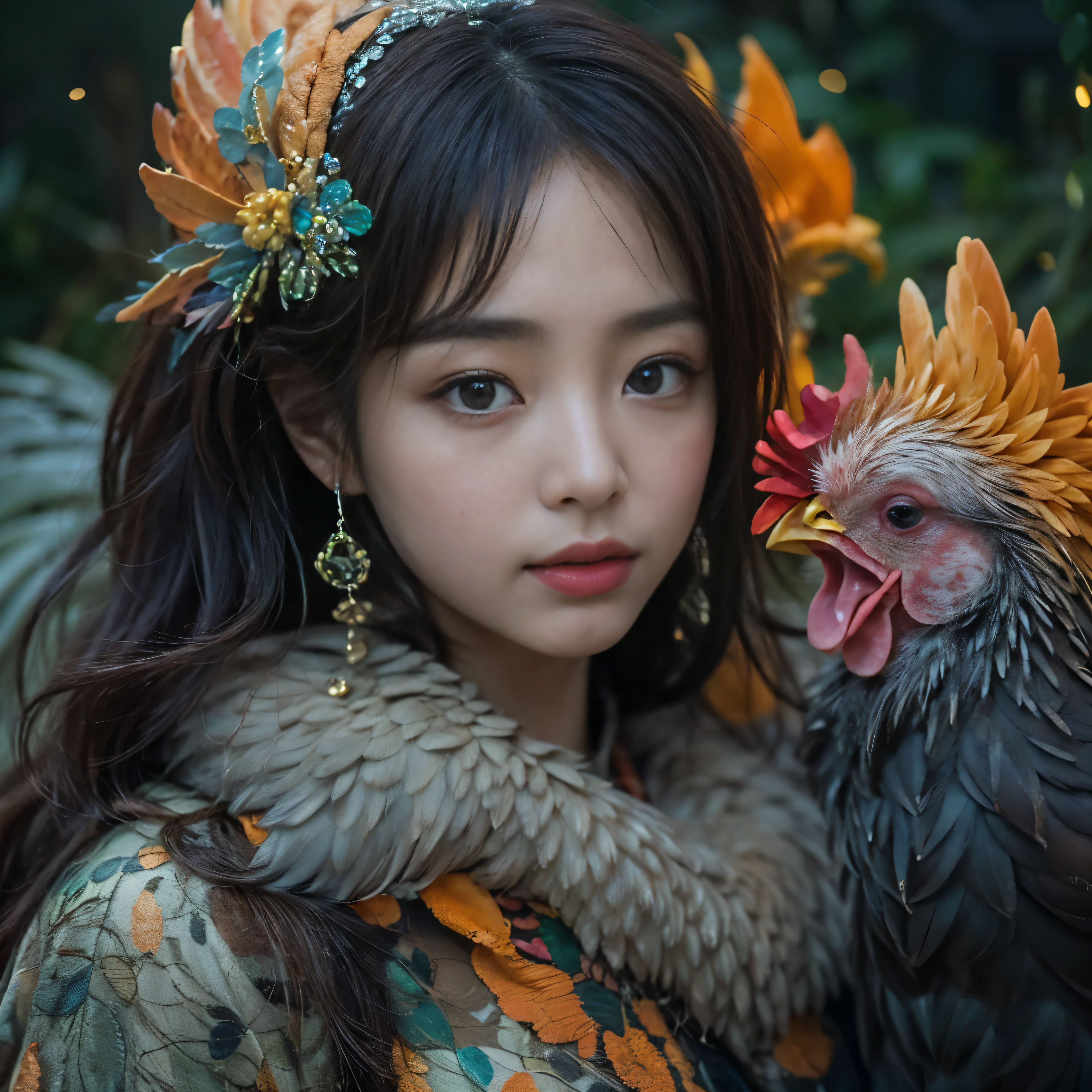 (highest quality、Super detailed、Real:1.37)、(professional、Bright colors)、(Portrait)、((Human-faced chicken:1.5))、（Human-chicken hybrid creature)、(Apparition)、(The face of a young and extremely beautiful woman:1.4)、(Beautiful detailed eyes、Beautiful detailed lips、Highly detailed eyes and face)、(Dark Night Road、Dimly lit road)、(media: oil)、(Fine feather detail、Captivating colorysterious atmosphere)、(Studio Lighting)
