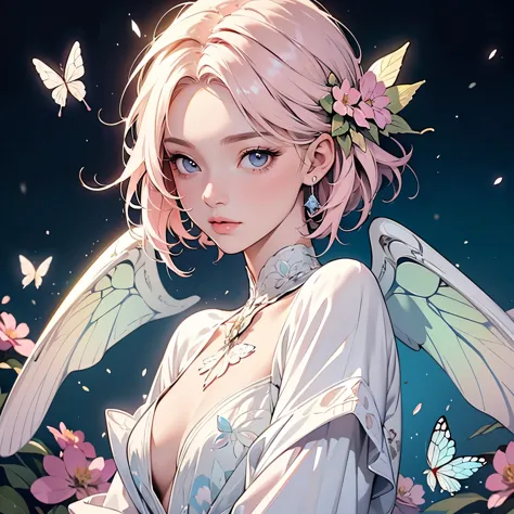 One woman, Very detailed , elegant , Light and vibrant colors , Lots of white butterflies , moonlight , Upper Body , 女god , Beau...