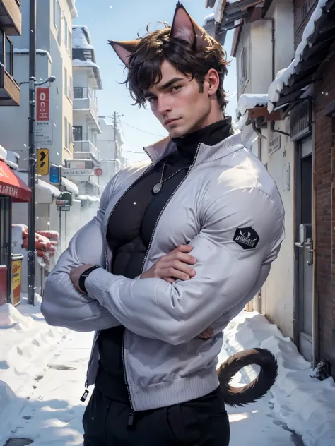 man with a collar and a cat ears on his head,cat tail,big triceps,bigboob,Turtleneck,winter, outdoor