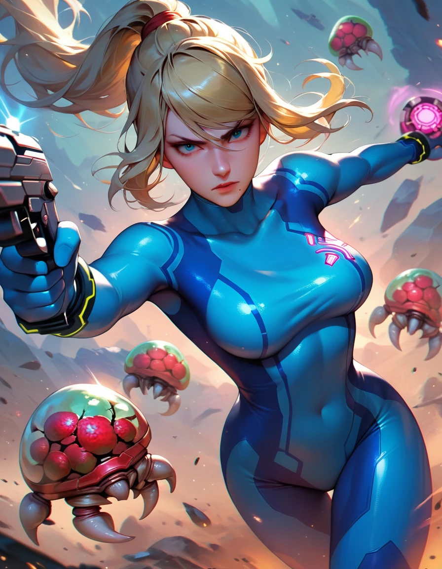 score_9, score_8_up, score_7_up, Samus Aran from Metroid, zero suit, looking at viewer, action pose, cowboy shot