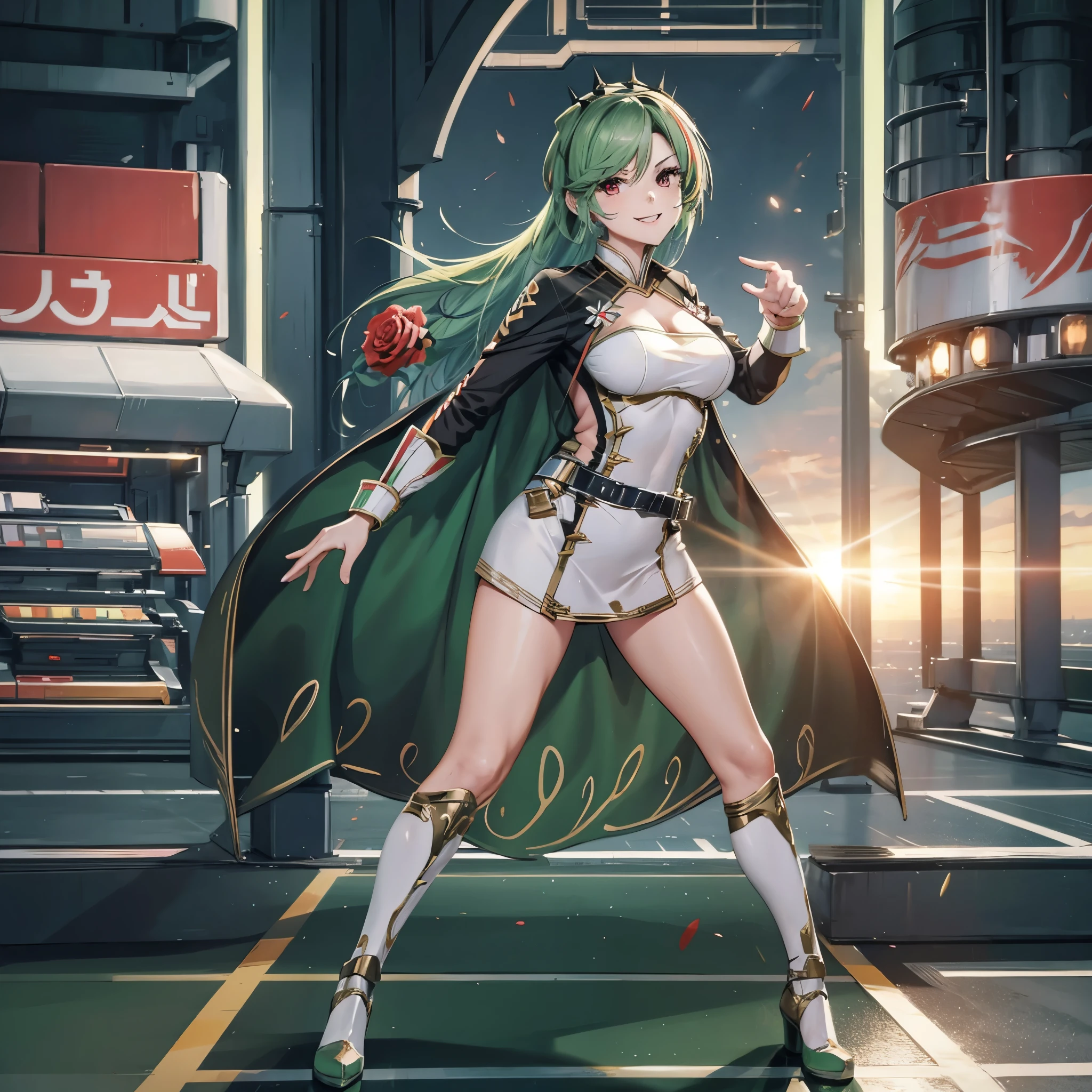 A woman wearing classic green power ranger uniform, green hair, red eyes, on a bright white platform, in combat stance, smiling, roses on the floor, futuristic background, full body, at the end of the sunset, illuminated location, bokeh effect,atmospheric perspective, 8k, superdetail, accurate, best quality, award-winning, textured skin, high resolution, anatomically correct(solo woman)
