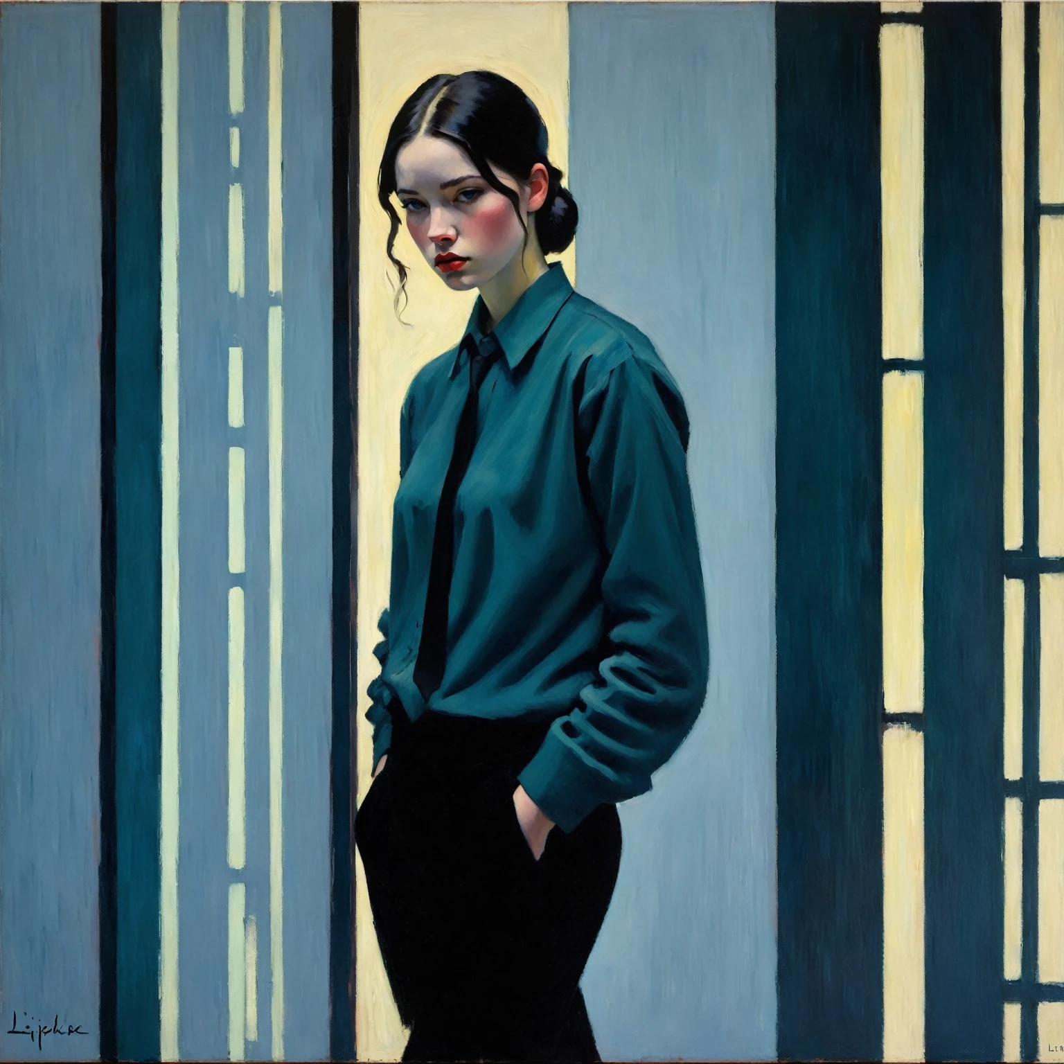 创作一幅受 Malcolm Liepke 启发的令人回味的油画, 根据提供的图像. 捕捉强烈, 用浓重的, 富有表现力的笔触和柔和的色调. 突出拍摄对象目光中的情感深度和脆弱性, 强调脸上光影的变化. 保持简单, 纹理背景与主体的沉思相得益彰. 注重油画的触感，传达利普克风格的原始情感和亲密感.