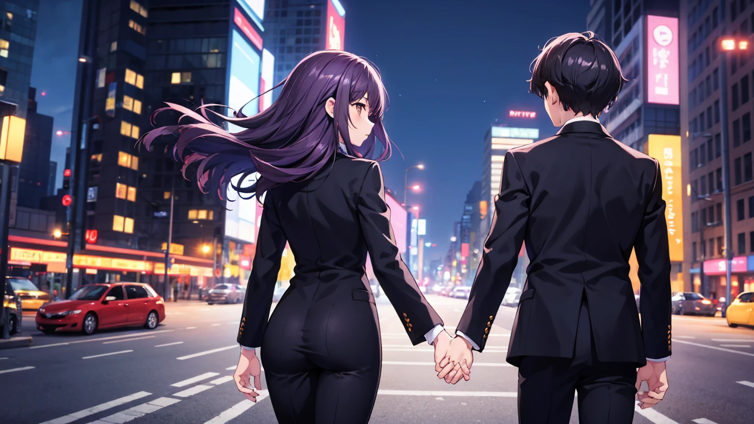 1boy 1girl holding hand, short purple hair boy, long black hair girl, brown eyes, wearing all black suits together, city, absurdres, high res, ultrasharp, 8K, masterpiece, from the back, midnight, lights