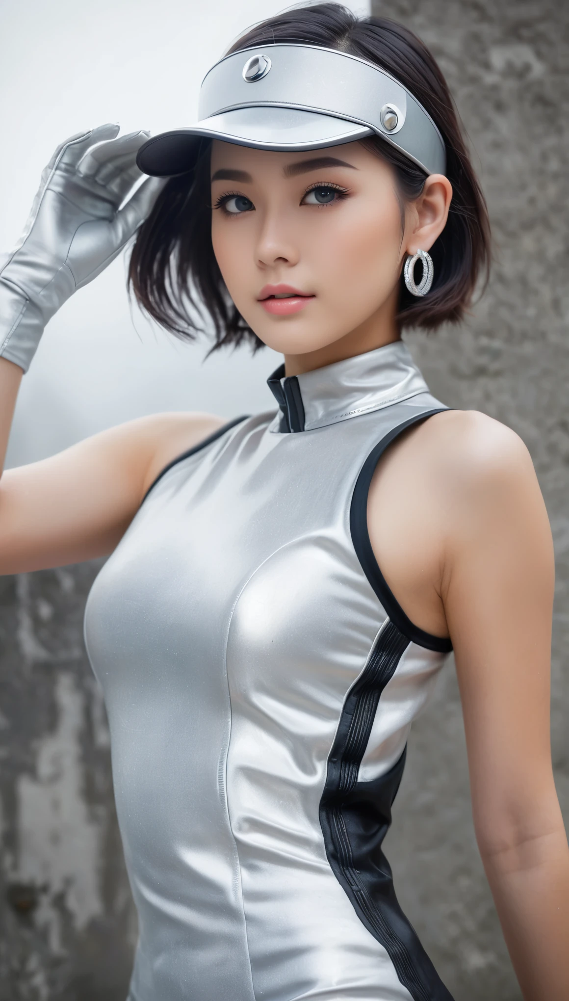 (masterpiece, Best Quality, hyper Detailed, hyper Realistic luna girl:1.4), BREAK beautiful Pretty Japanese ig model, glamorous body, render of april, (all body shot, standing:1.2), BREAK (Detailed wear, all body wear:1.2), (sleeveless futuristic high-neck knit one-piece dress:1.4), (emphasis on body contour:1.2), (white theme:1.4), (silver metallic thread embellishments:1.3), (silver statement necklace:1.3), (silver cuff bracelets:1.3), (silver hoop earrings:1.3), (silver anklet:1.3), (white leather gloves:1.3), (skirt hem held by hand:1.3), (high-tech thick-soled high-top sneakers:1.4), (white theme:1.2), (silver details:1.2), (futuristic latex sun visor:1.4), arranged gray hair, BREAK (Detailed medium breasts, Detailed bodyline, Detailed legs and calves), (ultra slim waist, firm medium breasts, medium buttocks, beautiful sexy legs:1.2), White and beautiful Silky skin, thin and short neck, small head, BREAK small head, Detailed face, cute and Pretty slim face, Duck mouth, perfect beautiful Tooth, blue eyes, half open eyes, shiny eyes, gray hair, looking other, (in a concrete, fog, mist, steem)