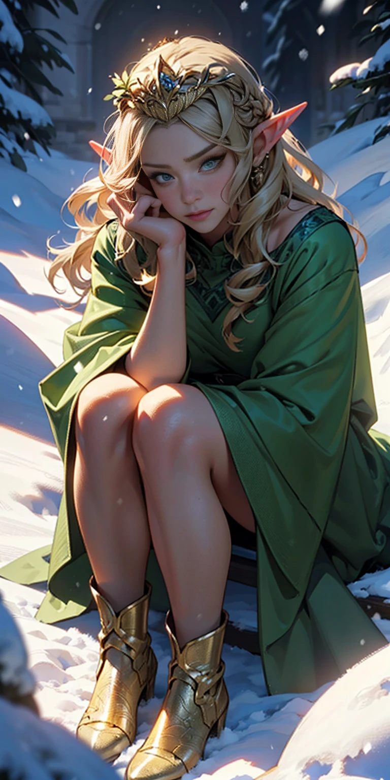 1sologirl ((Cinematic light, Best quality, 8k, Masterpiece :1.3)) (extremely detailed:1.2), (extremely detailed face), (photorealistic:1.2) (ultra detailed) 8k, look at viewer, snowy mountains background, 8k, Hud, soft lighting, high quality, beautiful, professional, hyperrealist, Hyperdetailed, soft shadows, masterpiece, best quality, ultra realistic, 8k, golden ratio, intricate, High Detail, soft focus long hair, dark green hair, flower, looking at viewer, wavy hair, female focus, female, green dress, lips, closed mouth, dress, green eyes, flower, eyelashes, birds (((mature))) ((long elven ears)) (((golden tiara))) (full body shot) sitting, mature (((elegant))) ((high res)) (((bitch face))) ((smug)) ((self-complacent)) ((queen)) (((snow))) boots, (lady)