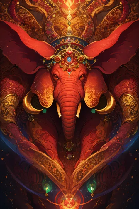 (best quality,highres,masterpiece:1.2),ultra-detailed,realistic,red elephant with four arms adorned with many jewels, richly det...