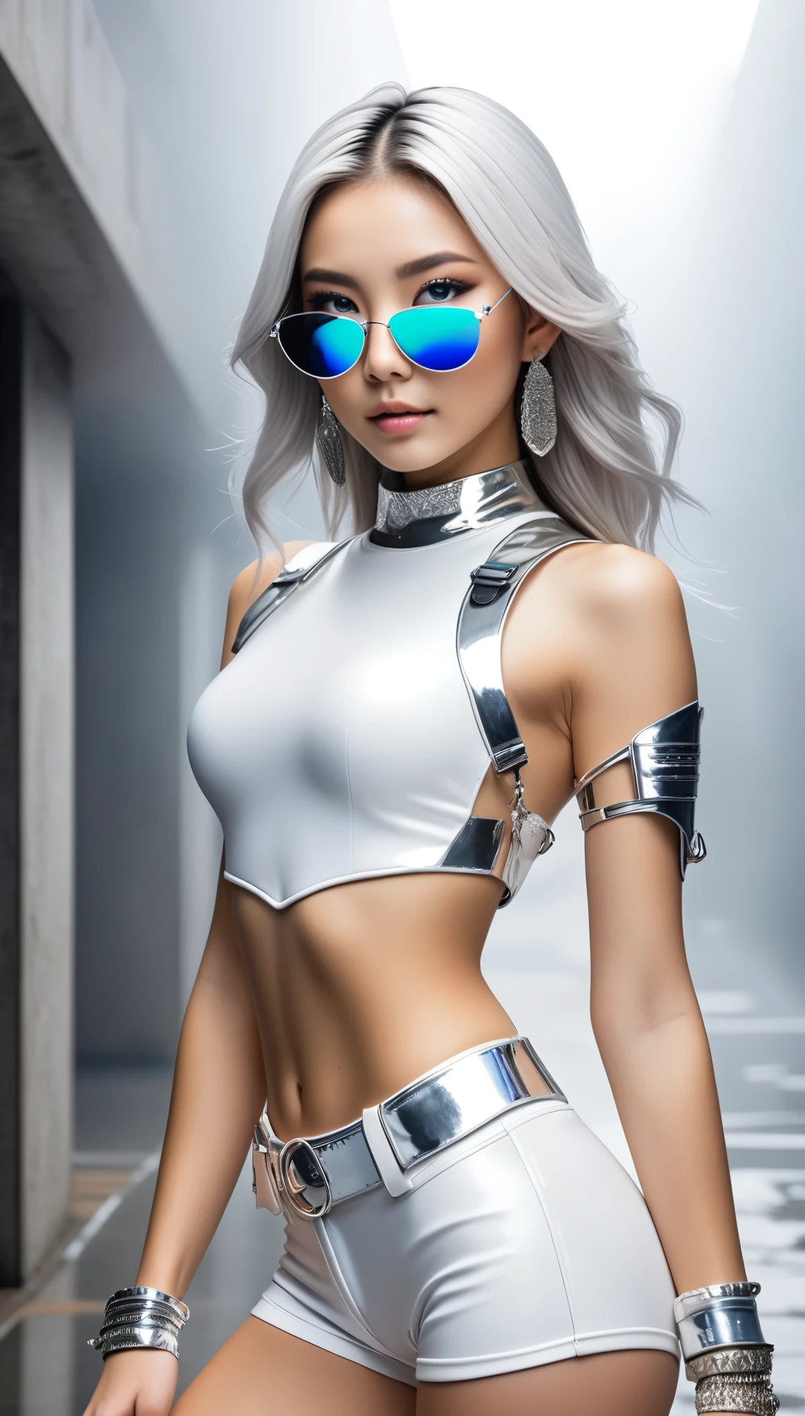 (masterpiece, Best Quality, hyper Detailed, hyper Realistic luna girl:1.4), BREAK beautiful Pretty Japanese ig model, glamorous body, render of april, (all body shot, standing:1.2), BREAK (Detailed wear, all body wear:1.2), (high-tech futuristic bodysuit:1.4), (white bodysuit with metallic accents:1.3), (high-cut leg openings:1.3), (layered over white short shorts:1.4), (silver metallic accessories:1.3), (chunky futuristic platform high-top sneakers:1.4), (silver visor sunglasses:1.3), (silver statement earrings:1.3), (stacked silver bracelets:1.2), (silver choker necklace:1.2), (futuristic silver belt with dangling charms:1.3), (white holographic backpack:1.3), (glowing LED accents:1.3),  arranged gray hair, BREAK (Detailed medium breasts, Detailed bodyline, Detailed legs and calves), (ultra slim waist, firm medium breasts, medium buttocks, beautiful sexy legs:1.2), White and beautiful Silky skin, thin and short neck, small head, BREAK small head, Detailed face, cute and Pretty (slim face:1.2), Duck mouth, perfect beautiful Tooth, blue eyes, half open eyes, shiny eyes, gray hair, looking other, (in a concrete, fog, mist, steem)