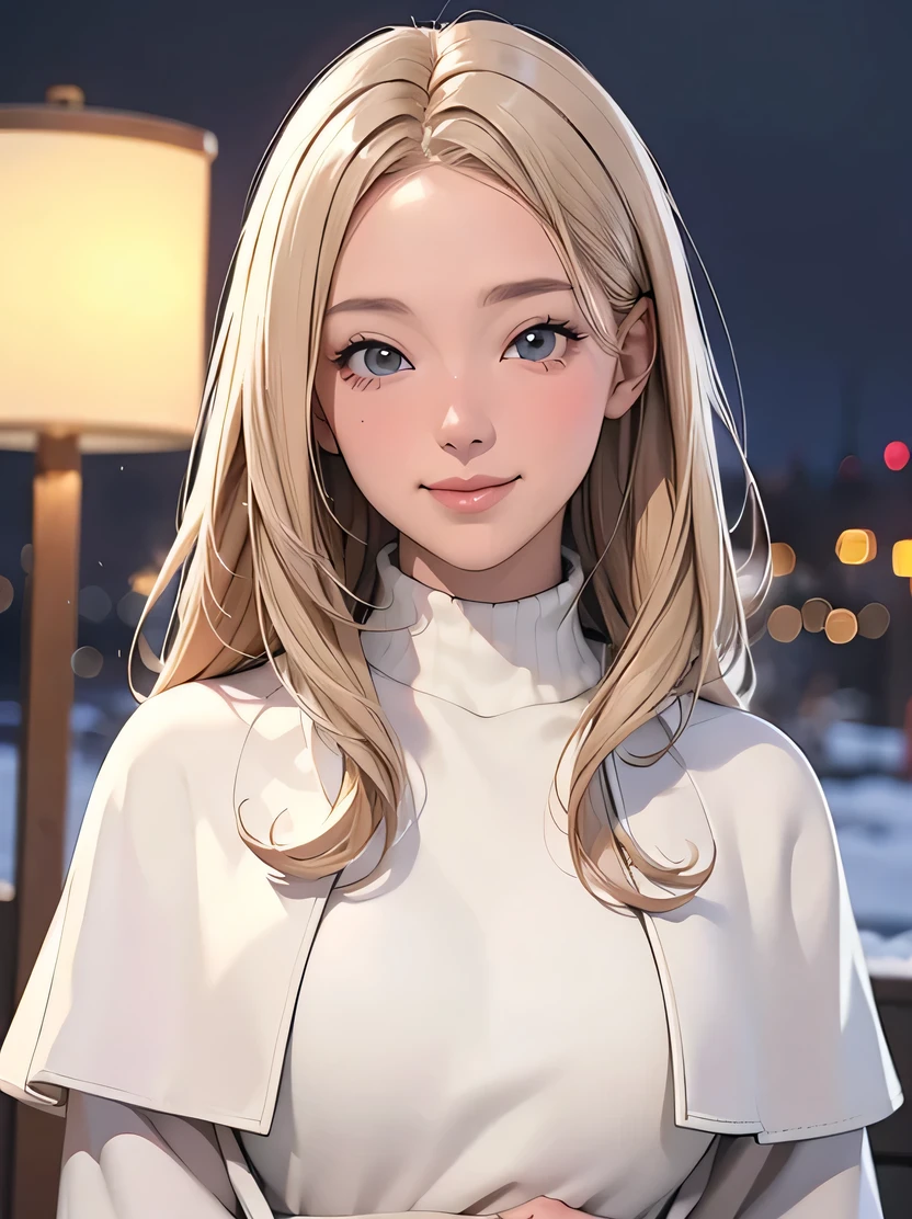 ((Masterpiece, Top Quality, Authentic, Super Detailed, High Definition, Sharp Focus, Photorealistic, Cinematic Lighting)), ((One Girl, Bust Shot)), Natural and Realistic Colors, (Perfect face, beautiful face), platinum blonde hair, happy, light smile, looking at viewer, ((white turtleneck sweater, white coat)), outdoors, winter, snow, night, complex background, depth of field, details hand drawing, 3DMM, capelet coat