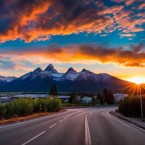 cinematic still,  an epic sunset, street view of a mountain range, nature,  vibrant, realistic, professional photograph, 8k,  sc...