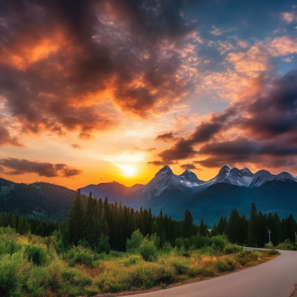 cinematic still,  an epic sunset, street view of a mountain range, nature,  vibrant, realistic, professional photograph, 8k,  scenery, 