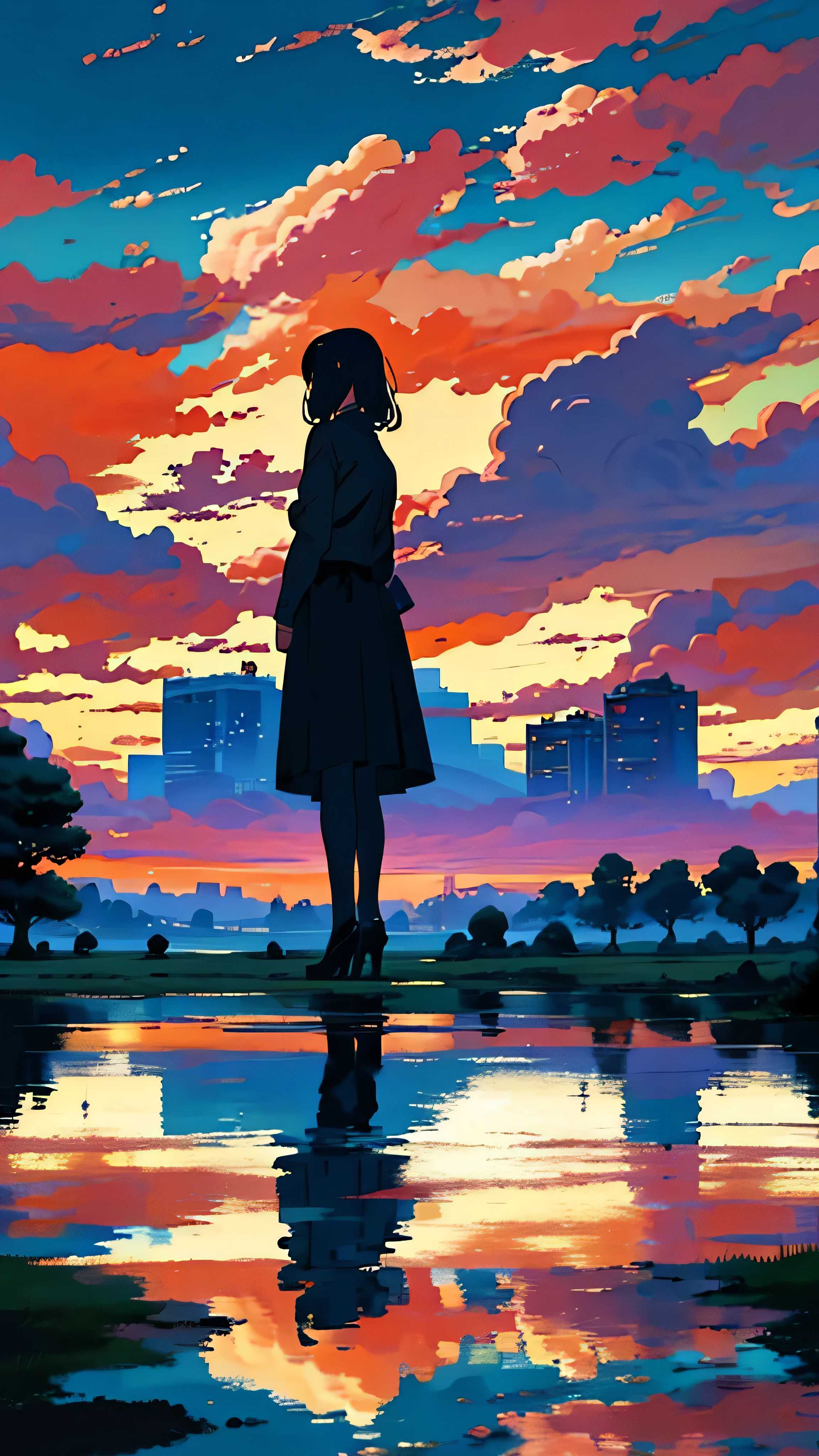 official art, unified 8k wallpaper, super detailed,  masterpiece, Best image quality，super wide angle，evening，a woman，Standing in the pond，water is like a mirror，reflecting the sky。look up to the sky，Colorful sunset，Dynamic angle, grace, bright colors,