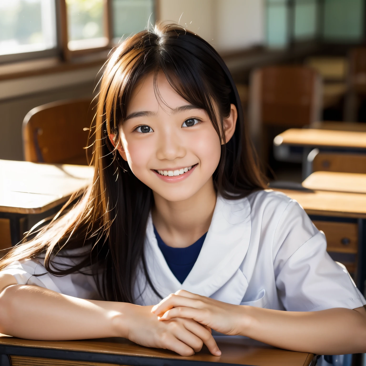 lente: 135 mm f1.8, (de la máxima calidad),(Fotos CRUDAS), (Mesa:1.1), (Preciosa japonesa de 15 años), cara linda, (Cara profundamente cincelada:0.7), (pecas:0.4), dappled luz de sol, iluminación dramática, (uniforme escolar japonés), (En el aula), tímido, (fotografía de cerca:1.2), (sonrisa),, (Ojos chispeantes)、(luz de sol)