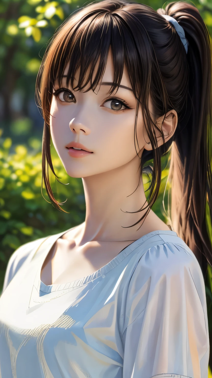 (hig彼st quality、8k、32k、masterpiece)、(Realistic)、(Realistic:1.2)、(High resolution)、Very detailed、Very beautiful face and eyes、1 girl、Round and small face、Tight waist、Delicate body、(hig彼st quality、Attention to detail、Rich skin detail)、(hig彼st quality、8k、Oil paints:1.2)、Very detailed、(Realistic、Realistic:1.37)、Bright colors、Full Body Shot、Mid-chest、ponytail