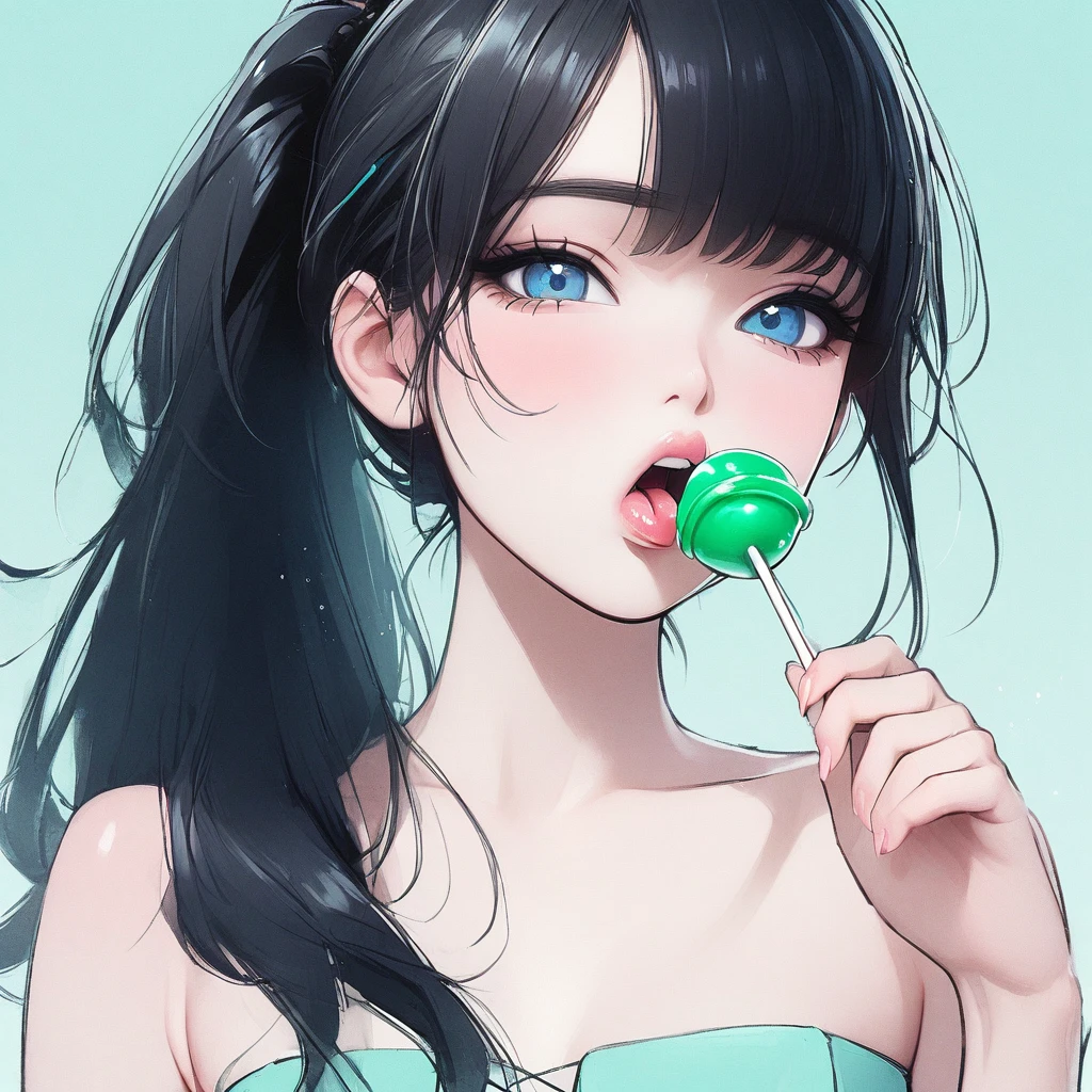 Girl, black hair, blue eyes, beautiful, strapless mint dress, pastel colors, face close-up, flat, ponytail, sucking a green lollipop, lipgloss, brat