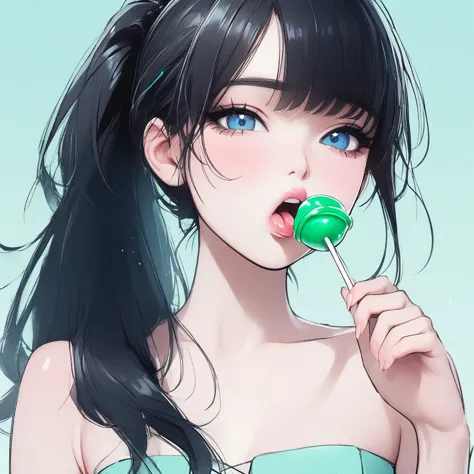 girl, black hair, blue eyes, beautiful, strapless mint dress, pastel colors, face close-up, flat, ponytail, sucking a green loll...