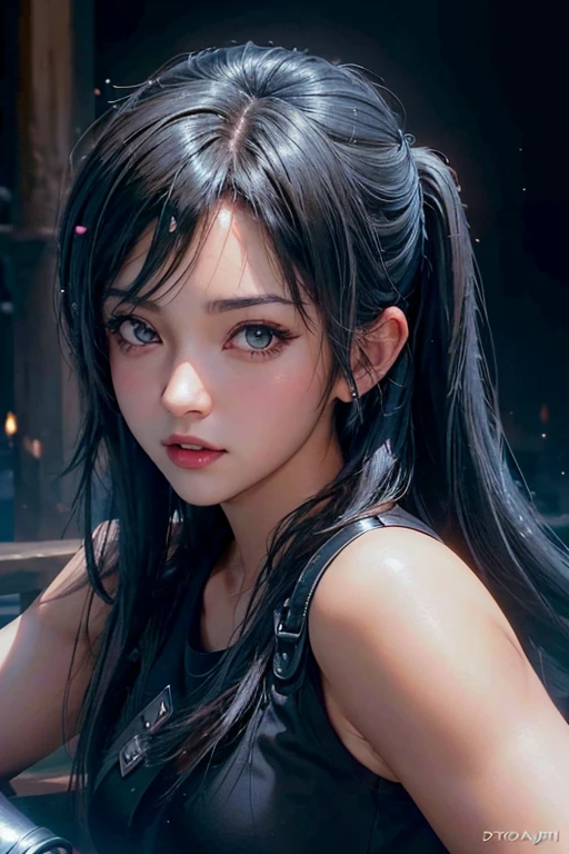 un gros plan d&#39;une femme dans une chemise noire et un short bleu, anime fille thaïlandaise, Tifa lockhart, Tifa, tithi luadthong, séné de League of Legends, portrait of Tifa lockhart, rendu photoréaliste d&#39;une fille animée, Tifa lockhart portrait, Tifa lockheart, seductive Tifa lockhart portrait, tendance sur cgstation, Jeu CG