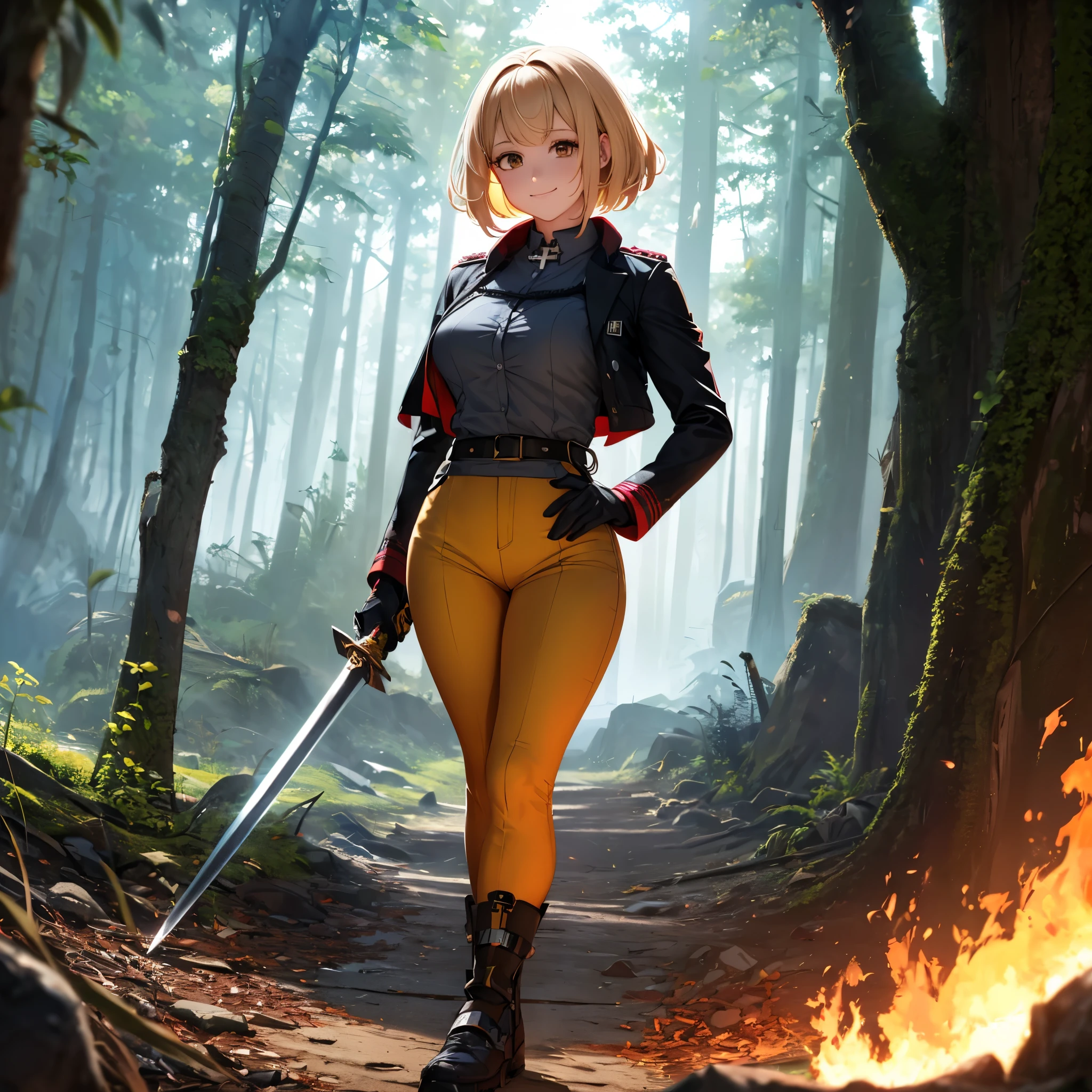 une femme portant un costume de Power Ranger jaune classique, pantalon jaune serré, chemise jaune à manches longues, Gants blancs, bottes blanches, cheveux blonds courts, frange rouge, yeux marrons, marcher sur le sol d'une forêt, tenir une épée aux flammes rouges, souriant, tout le corps, ombre portée, anaglyphe, stéréogramme, tachi-e, point de vue, perspective atmosphérique, 8k, super détail, précis, Meilleure qualité, primé, peau texturée, haute résolution, Anatomiquement correct, effet bokeh, (( femme seule)
