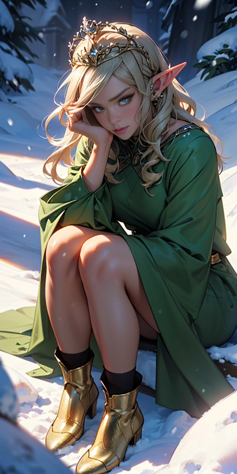 1sologirl ((Cinematic light, Best quality, 8k, Masterpiece :1.3)) (extremely detailed:1.2), (extremely detailed face), (photorealistic:1.2) (ultra detailed) 8k, look at viewer, snowy mountains background, 8k, Hud, soft lighting, high quality, beautiful, professional, hyperrealist, Hyperdetailed, soft shadows, masterpiece, best quality, ultra realistic, 8k, golden ratio, intricate, High Detail, soft focus long hair, dark green hair, flower, looking at viewer, wavy hair, female focus, female, green dress, lips, closed mouth, dress, green eyes, flower, eyelashes, birds (((mature))) ((long elven ears)) (((golden tiara))) (full body shot) sitting, mature (((elegant))) ((high res)) (((bitch face))) ((smug)) ((self-complacent)) ((queen)) (((snow))) boots, (lady)