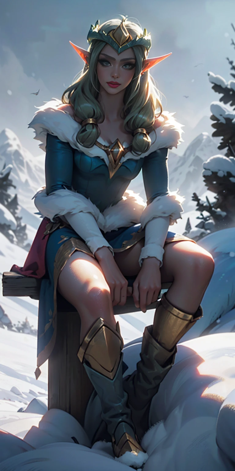 1sologirl ((Cinematic light, Best quality, 8k, Masterpiece :1.3)) (extremely detailed:1.2), (extremely detailed face), (photorealistic:1.2) (ultra detailed) 8k, look at viewer, snowy mountains background, 8k, Hud, soft lighting, high quality, beautiful, professional, hyperrealist, Hyperdetailed, soft shadows, masterpiece, best quality, ultra realistic, 8k, golden ratio, intricate, High Detail, soft focus long hair, dark green hair, flower, looking at viewer, wavy hair, female focus, female, green dress, lips, closed mouth, dress, green eyes, flower, eyelashes, birds (((mature))) ((long elven ears)) (((golden tiara))) (full body shot) sitting, mature (((elegant))) ((high res)) (((bitch face))) ((smug)) ((self-complacent)) ((queen)) (((snow))) boots, (lady)