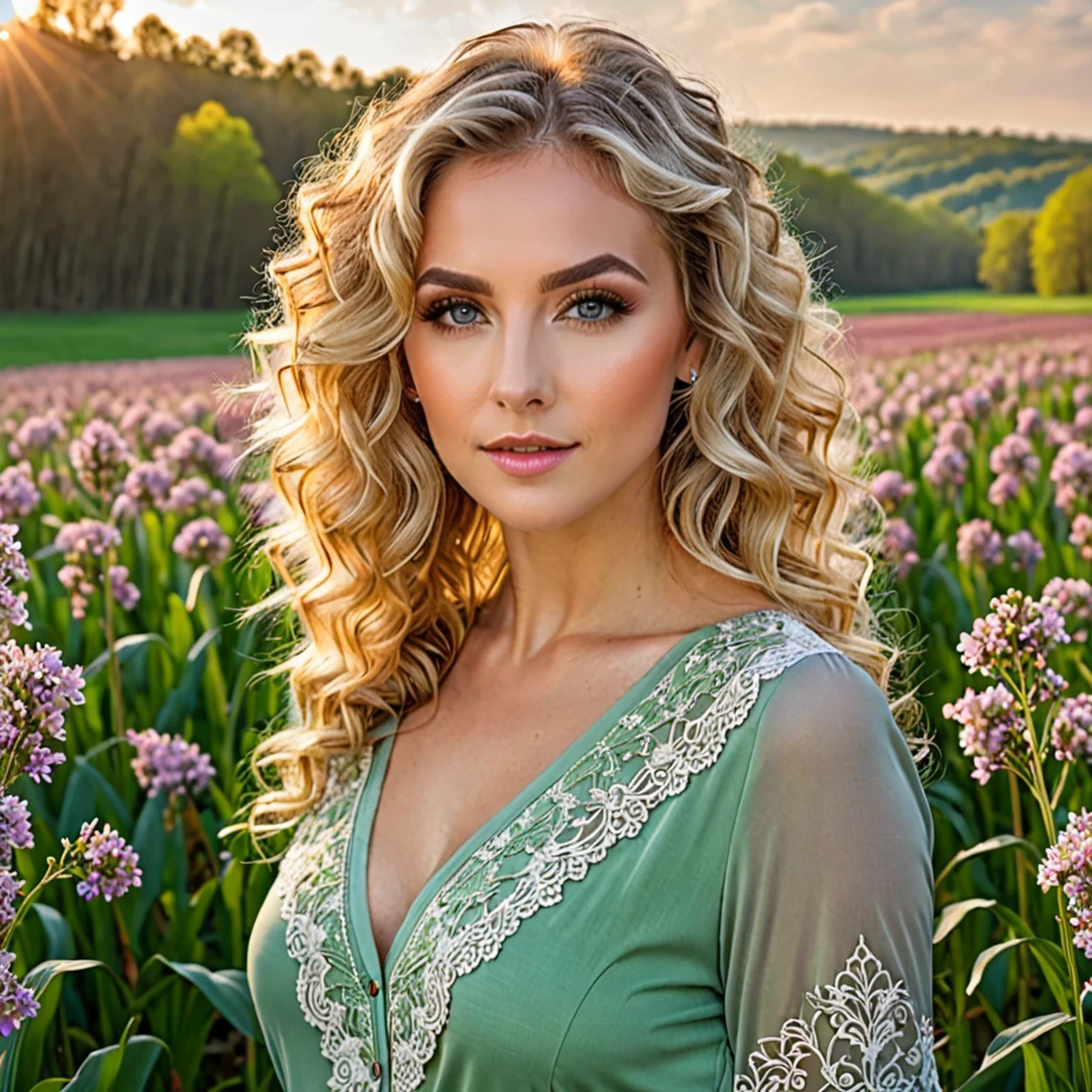 (masterpiece:1.2), (best quality:1.2), perfect eyes, perfect face, perfect lighting, 1girl, mature female in a field, medium blond hair, curly hair, detailed clothes, detailed outdoor background, makeup, eyeshadow, thick eyelashes, fantasy, looking at the viewer, spring