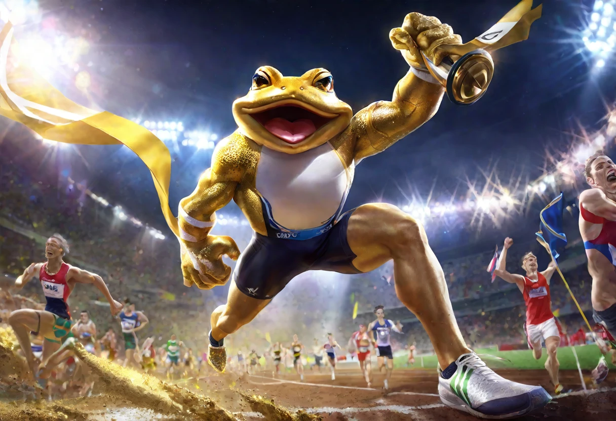 (best quality,4k,highres,masterpiece:1.2),ultra-detailed,realistic,portrait,golden,toad trophy,athlete celebrating,victory,first place,sprinter,golden trophy,happiness,excitement,elation,winning,congratulations,achievement,gold medal,athletic,fitness,joyful,energetic,competitive,fast,explosive,start line,determination,motion,crowd cheering,sports event,athleticism,hard work,career milestone,stadium,runner,golden hue,spotlight,golden sunlight,shining success,athletic prowess,passion,strength,agility,euphoria,graceful,fast-paced,dynamic,effort,pride,exhilaration,competitive spirit,tribute,glory,honour,dedication,cheering crowd