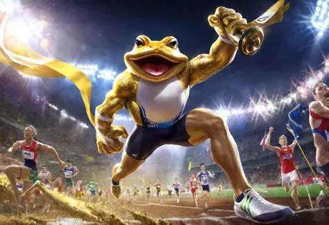 (best quality,4k,highres,masterpiece:1.2),ultra-detailed,realistic,portrait,golden,toad trophy,athlete celebrating,victory,first...