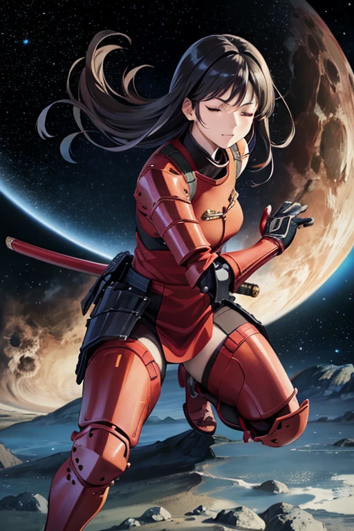 Anime Art,Full body portrait,Japanese-style space sci-fi warrior,A woman around 46 years old, around 170cm tall, wearing red armor, striking a iaido stance,Both eyes closed,Smiling,break,Long black hair,break,gloves,Arm guard,Leggers,A red cloth is wrapped around the head