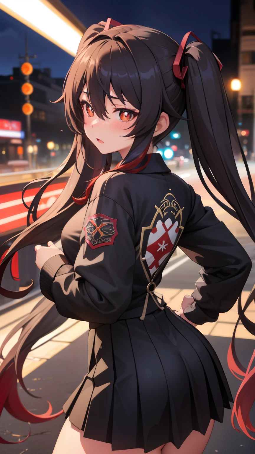 masterpiece, best quality, HuTaoV4, 1girl, solo, blush, twintails, long hair, hair between eyes, ((streetwear clothes)), city, outdoors, night, movie poster, extremely detailed 8K, smooth, high resolution, ultra quality, cinematic lighting, ambient occlusion, hd, 2k, 4k, 8k, 16k, extremely detailed anime, detailed faces, perfect composition, wide shot, atmospheric lighting, very sexy, lift skirt, random low back angle, uncensored, nsfw, sin censura