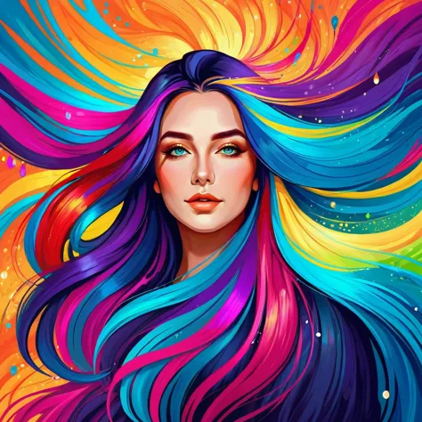 a painting of a woman with long hair and colorful hair, beautiful digital illustration, stunning digital illustration, gorgeous ...