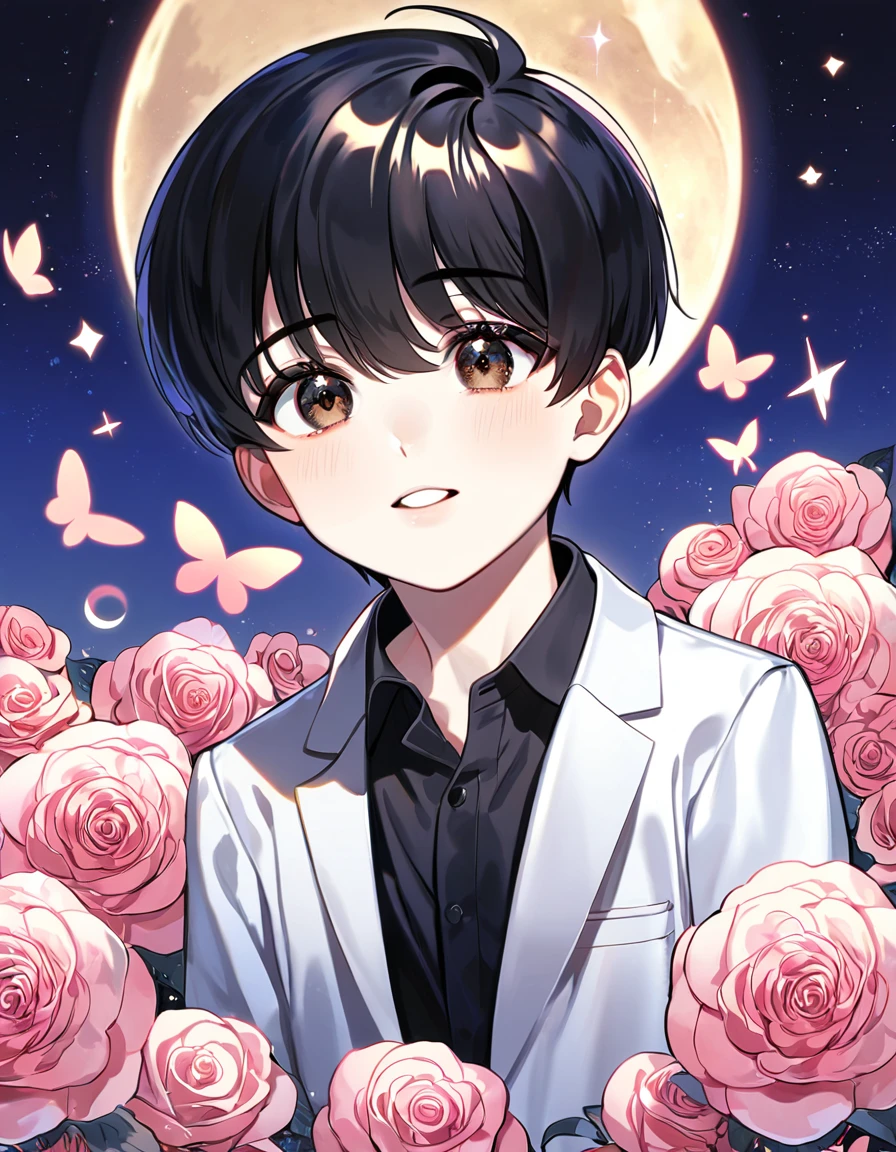 (absurdres, highres, ultra detailed, HDR) master piece, best quality, perfect face, delicate features, Kim Dokja as a little kid, black hair, expressive brown eyes, Omniscient reader's viewpoint, solo, cute, white coat, black shirt, moon, pink butterflies, pink roses, starry sky