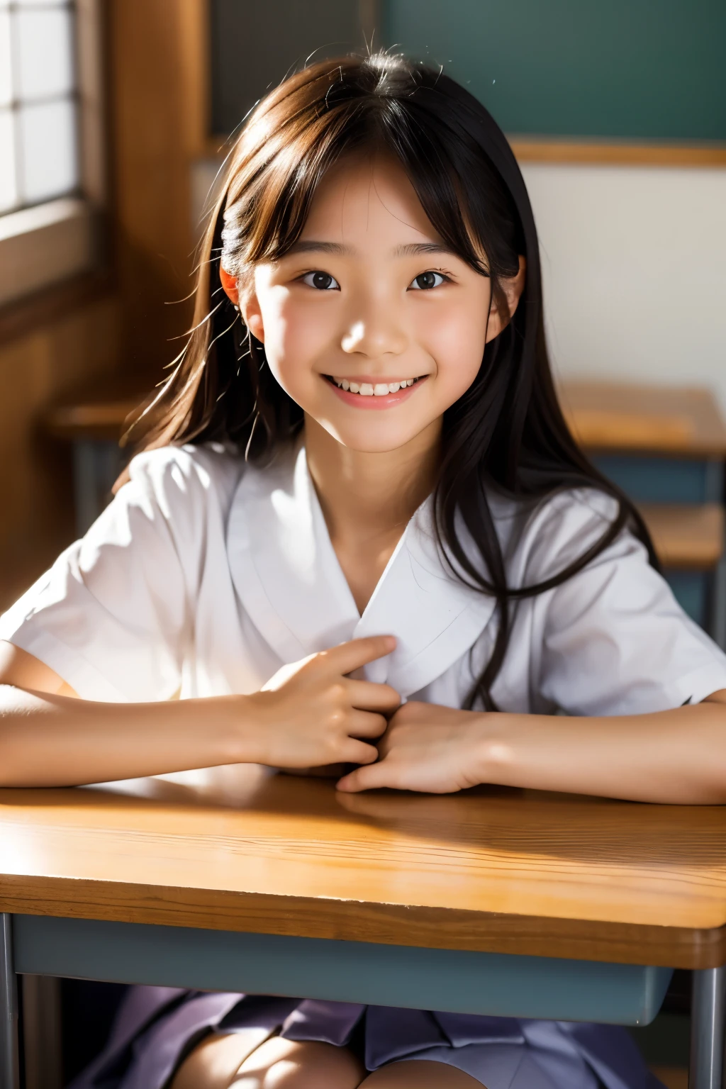 lens: 135mm f1.8, (highest quality),(RAW Photos), (Tabletop:1.1), (Beautiful 15 year old Japanese girl), Cute face, (Deeply chiseled face:0.7), (freckles:0.4), dappled sunlight, Dramatic lighting, (Japanese School Uniform), (In the classroom), shy, (Close-up shot:1.2), (smile),, (Sparkling eyes)、(sunlight)