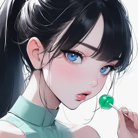 girl, black hair, blue eyes, beautiful, strapless mint dress, pastel colors, face close-up, flat, ponytail, sucking a green loll...