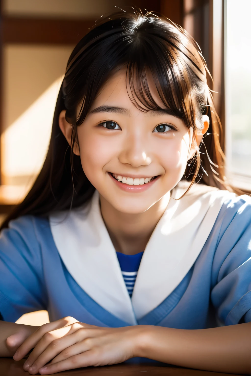 lens: 135mm f1.8, (highest quality),(RAW Photos), (Tabletop:1.1), (Beautiful 16 year old Japanese girl), Cute face, (Deeply chiseled face:0.7), (freckles:0.4), dappled sunlight, Dramatic lighting, (Japanese School Uniform), (In the classroom), shy, (Close-up shot:1.2), (smile),, (Sparkling eyes)、(sunlight)